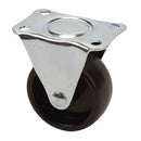 RODA FIXA COM PLACA E EIXO LISO, COR PRETA, CARGA MÁXIMA. 30 KG,
