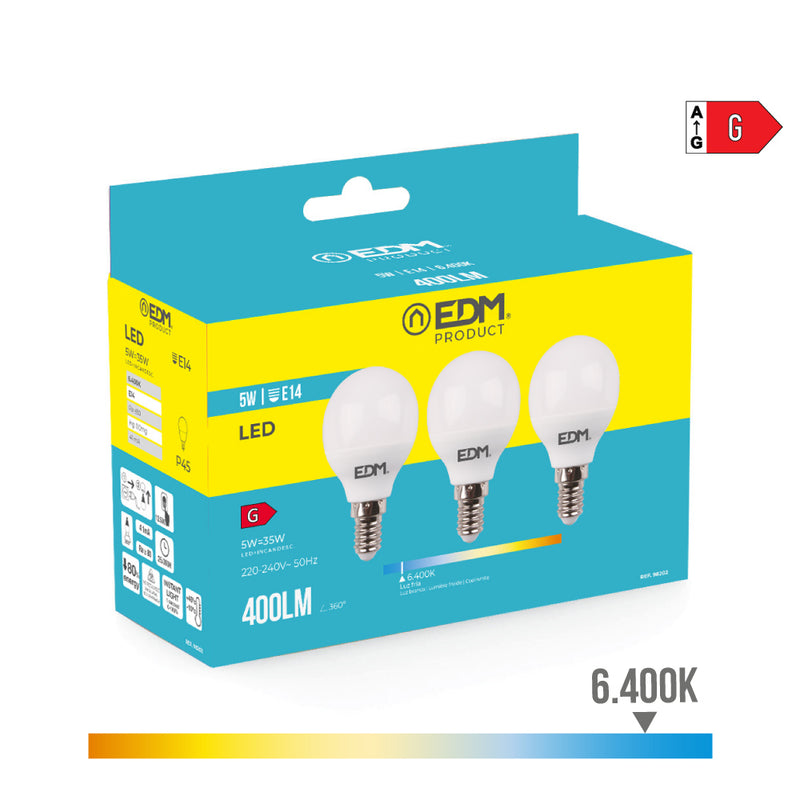 KIT 3 LÂMPADAS ESFÉRICAS LED E14 5W 400LM 6400K LUZ FRIA Ø4,5X8CM