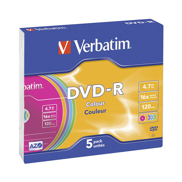 VERBATIM DVD-R 16X 4.7GB COLOUR CAIXA SLIM PACK 5