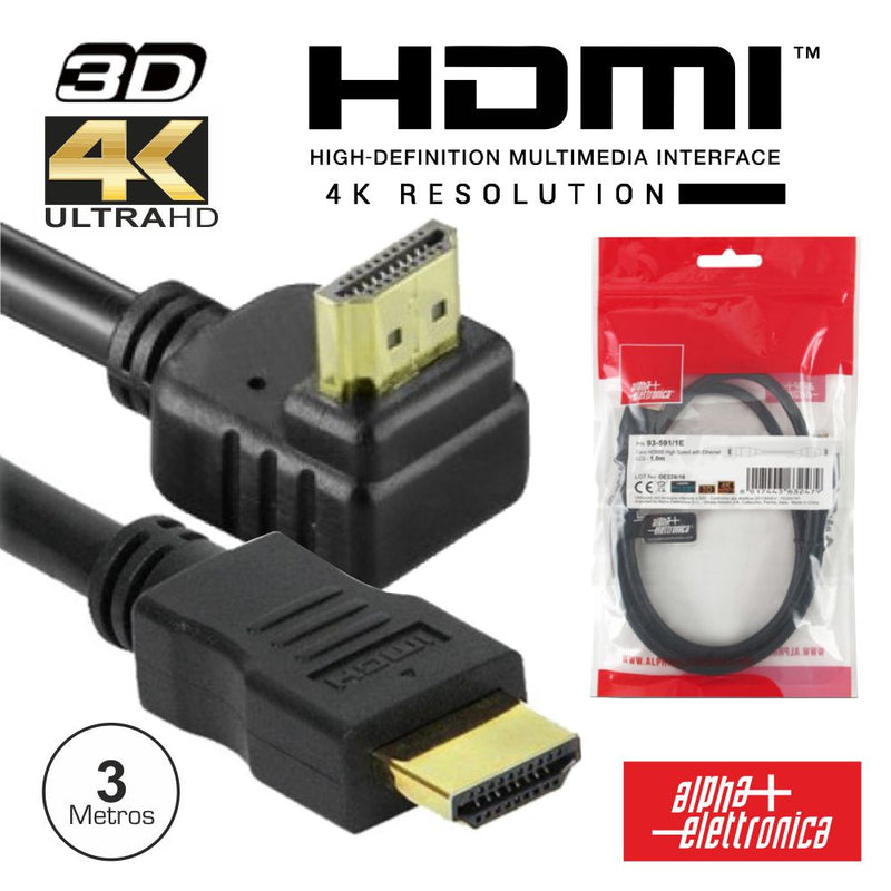 CABO HDMI DOURADO MACHO  MACHO 2.0 4K PRETO 3M 90º