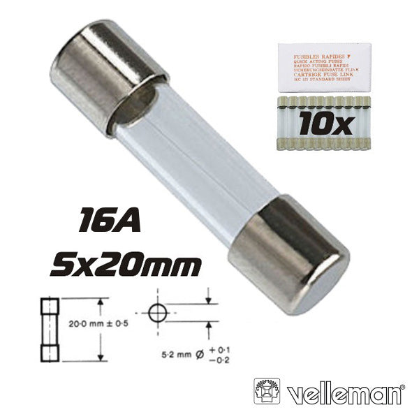 FUSÍVEL 5X20 FUSÃO LENTA 16A (10X) VELLEMAN