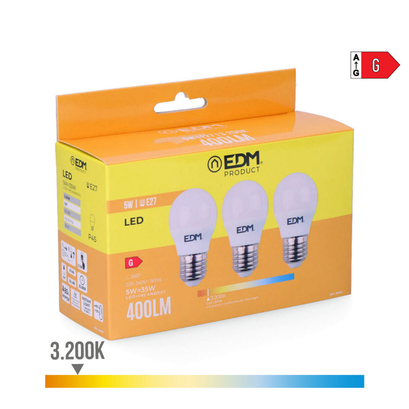 KIT 3 LÂMPADAS ESFÉRICAS LED E27 5W 400LM 3200K LUZ QUENTE Ø4,5X8